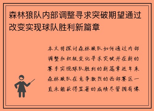 森林狼队内部调整寻求突破期望通过改变实现球队胜利新篇章